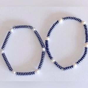 Qty 2 bracelets Hematite polished stones Freshwater Pearls cream,silver stretch